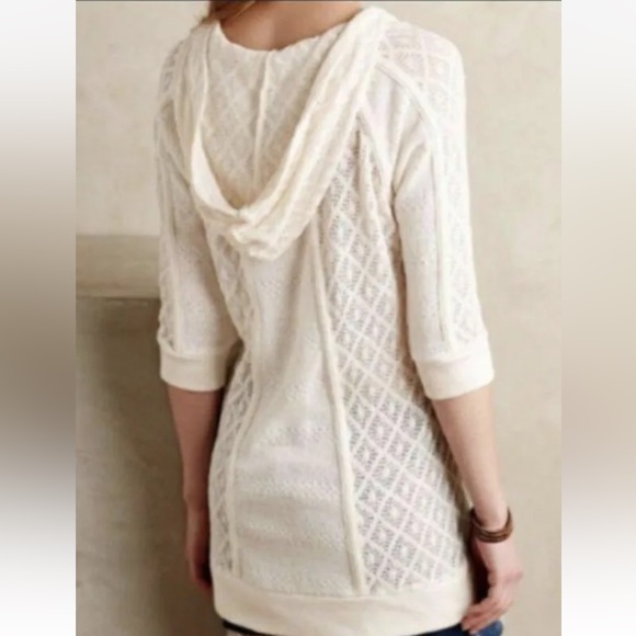 Anthropologie Meadow Rue Whispering Winds Cream Hooded Lightweight Sweater Top L - Picture 2 of 8
